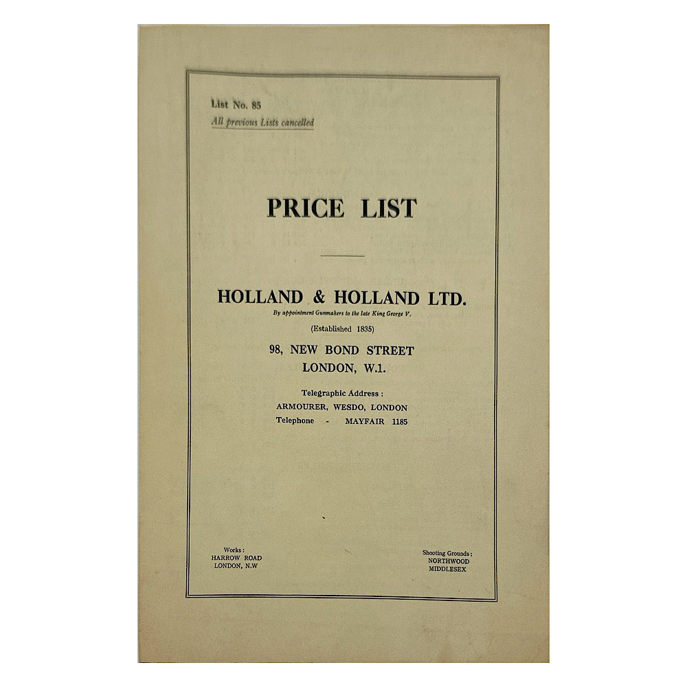 Holland &amp; Holland Ltd No. 85 Price List and 1- SxS Rifle Handout, 1- Bolt Rifle Handout - Canada Brass - 