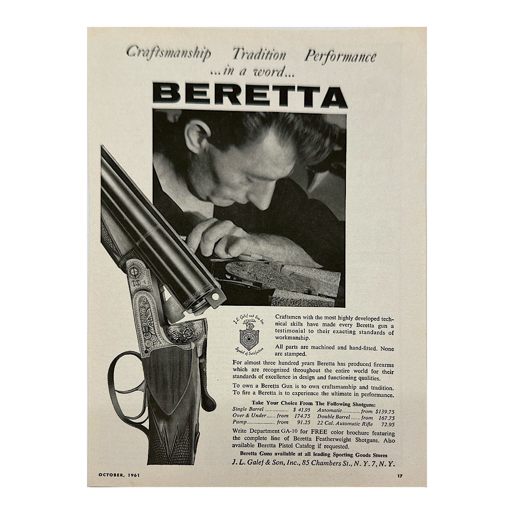 Original 1950s-1960s Print Advertisement for Beretta side by side shotgun - Canada Brass - 