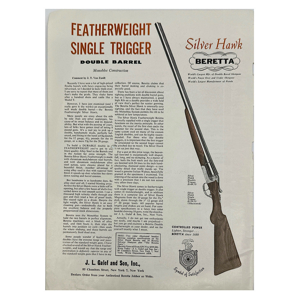 Original 1950s-1960s Print Advertisement for Beretta side by side shotgun - Canada Brass - 