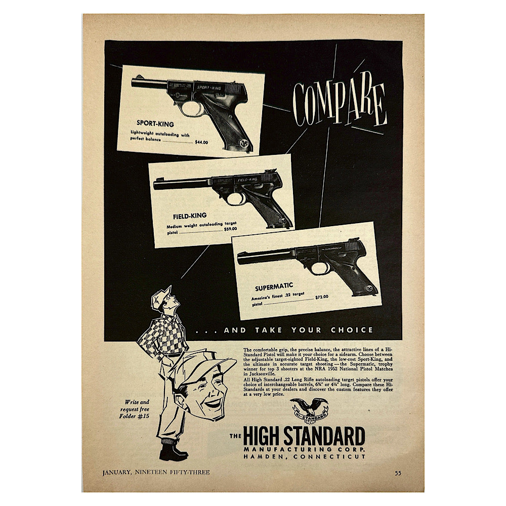 Original 1950s-1960s Print Advertisement for High standard pistols and shotgun - Canada Brass - 