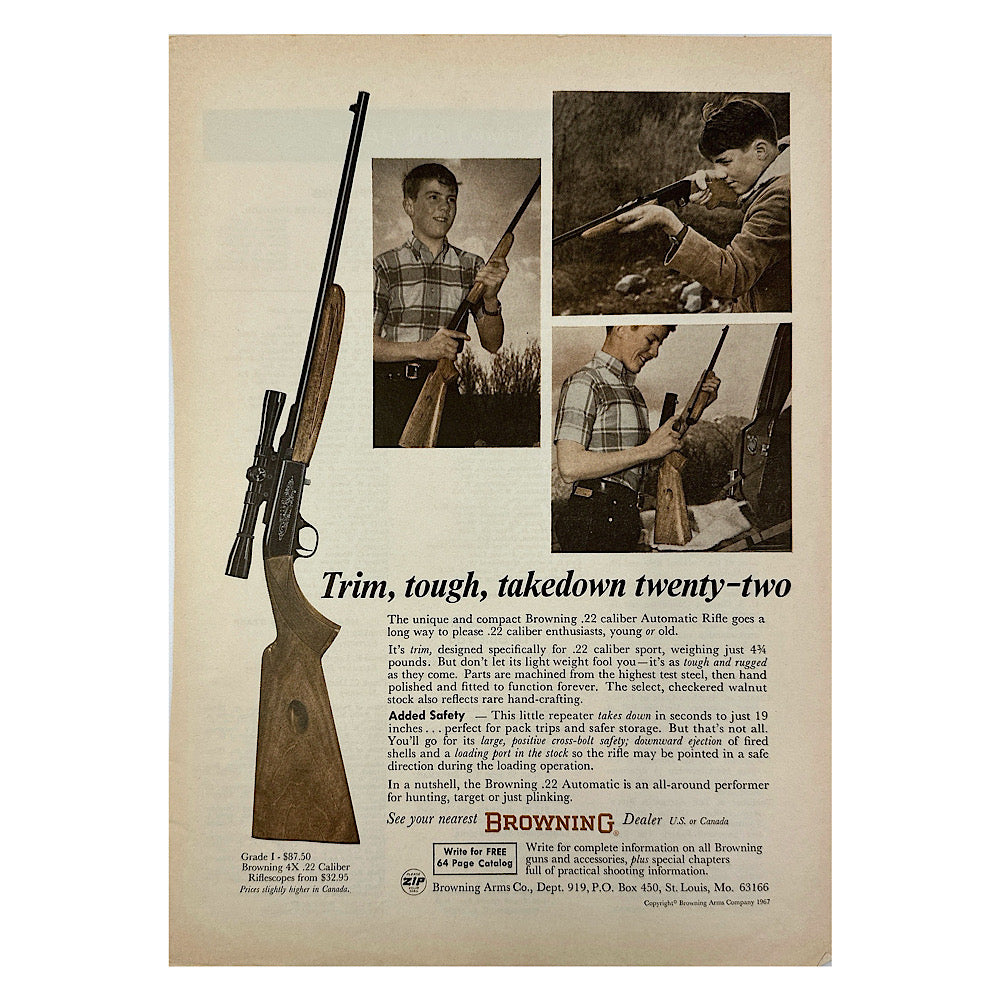 Original 1950s-1960s Print Advertisement for Browning TD 22 Semi and Browning T Bolt - Canada Brass - 
