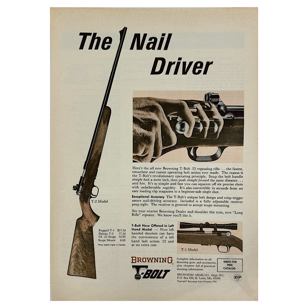Original 1950s-1960s Print Advertisement for Browning TD 22 Semi and Browning T Bolt - Canada Brass - 