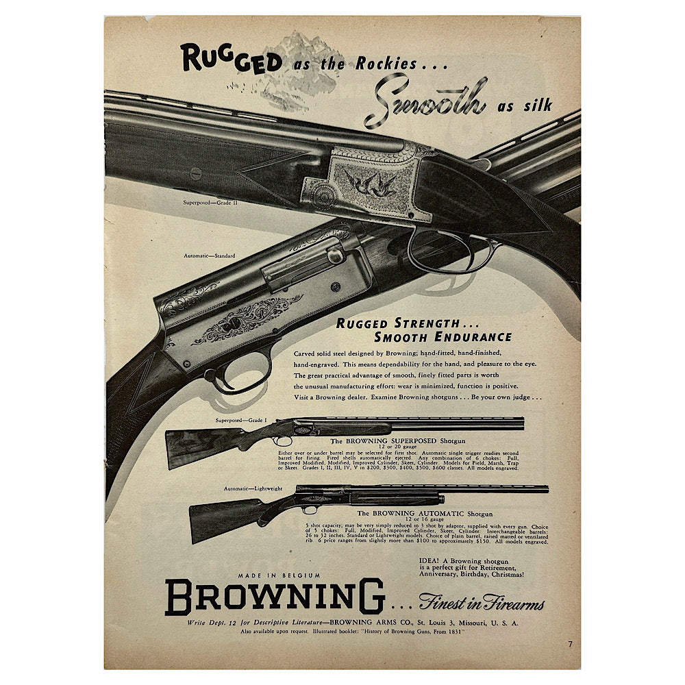 Original 1950s-1960s Print Advertisement for Browning Shotguns and Rifles - Canada Brass - 