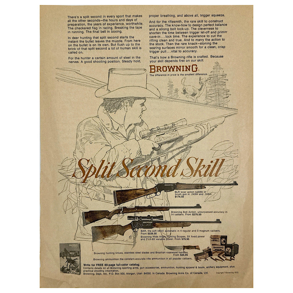 Original 1950s-1960s Print Advertisement for Browning Shotguns and Rifles - Canada Brass - 