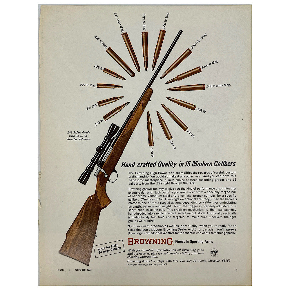 Original 1950s-1960s Print Advertisement for Browning Belgium rifles and Browning ammunition - Canada Brass - 