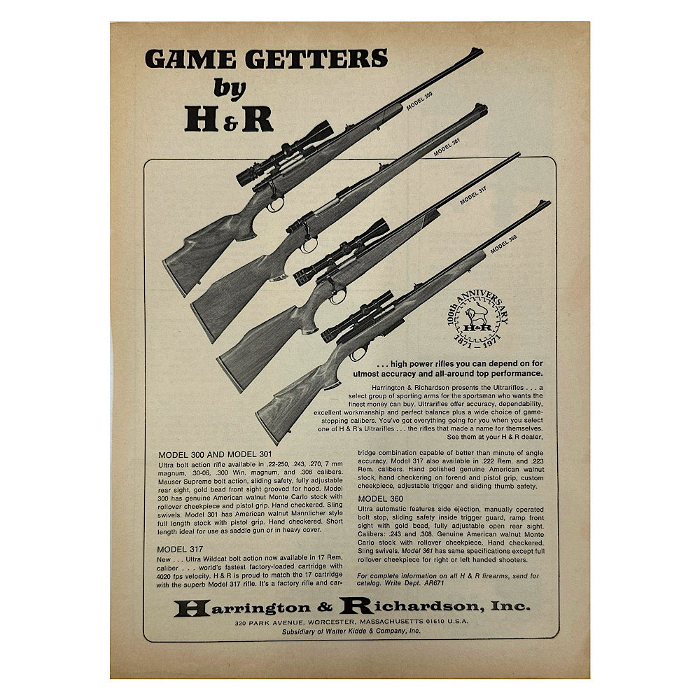 Original 1950s-1960s Print Advertisement for H&R Game Getter Rifles and Model 451 Rifle - Canada Brass - 