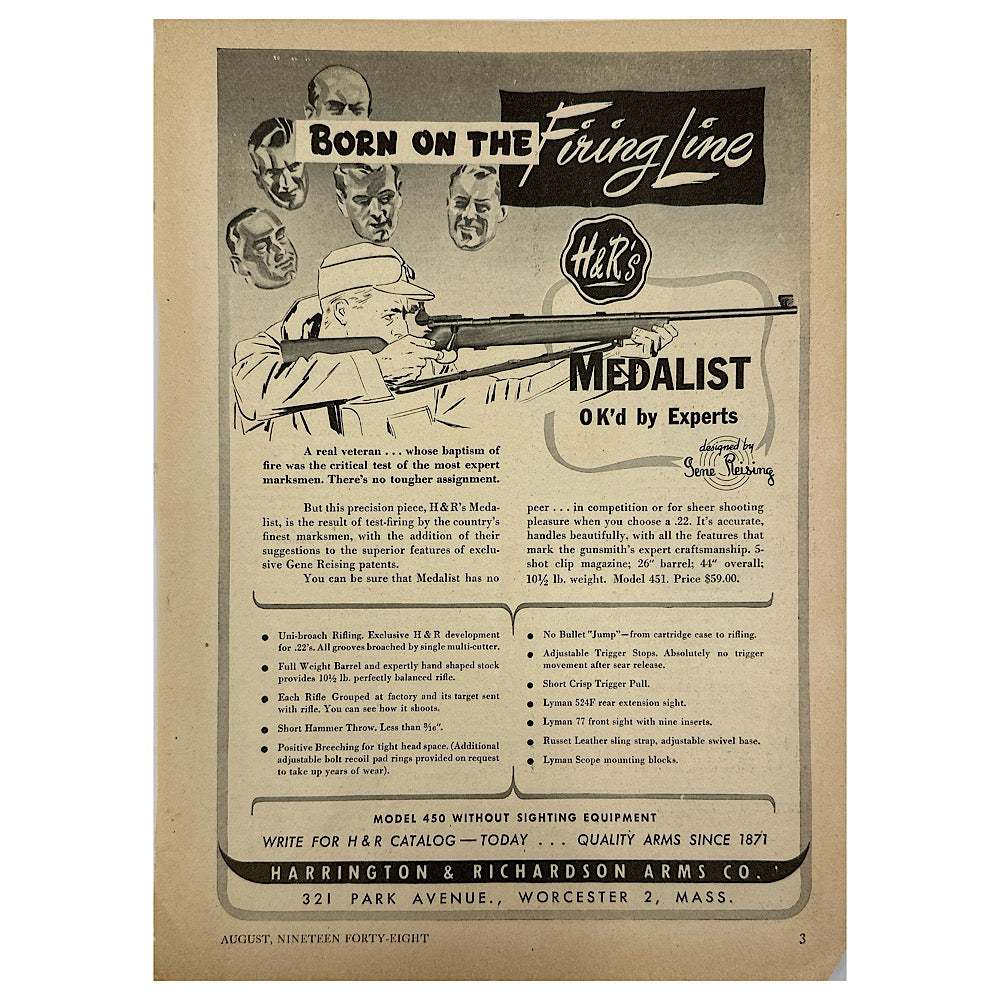 Original 1950s-1960s Print Advertisement for H&amp;R Game Getter Rifles and Model 451 Rifle - Canada Brass - 