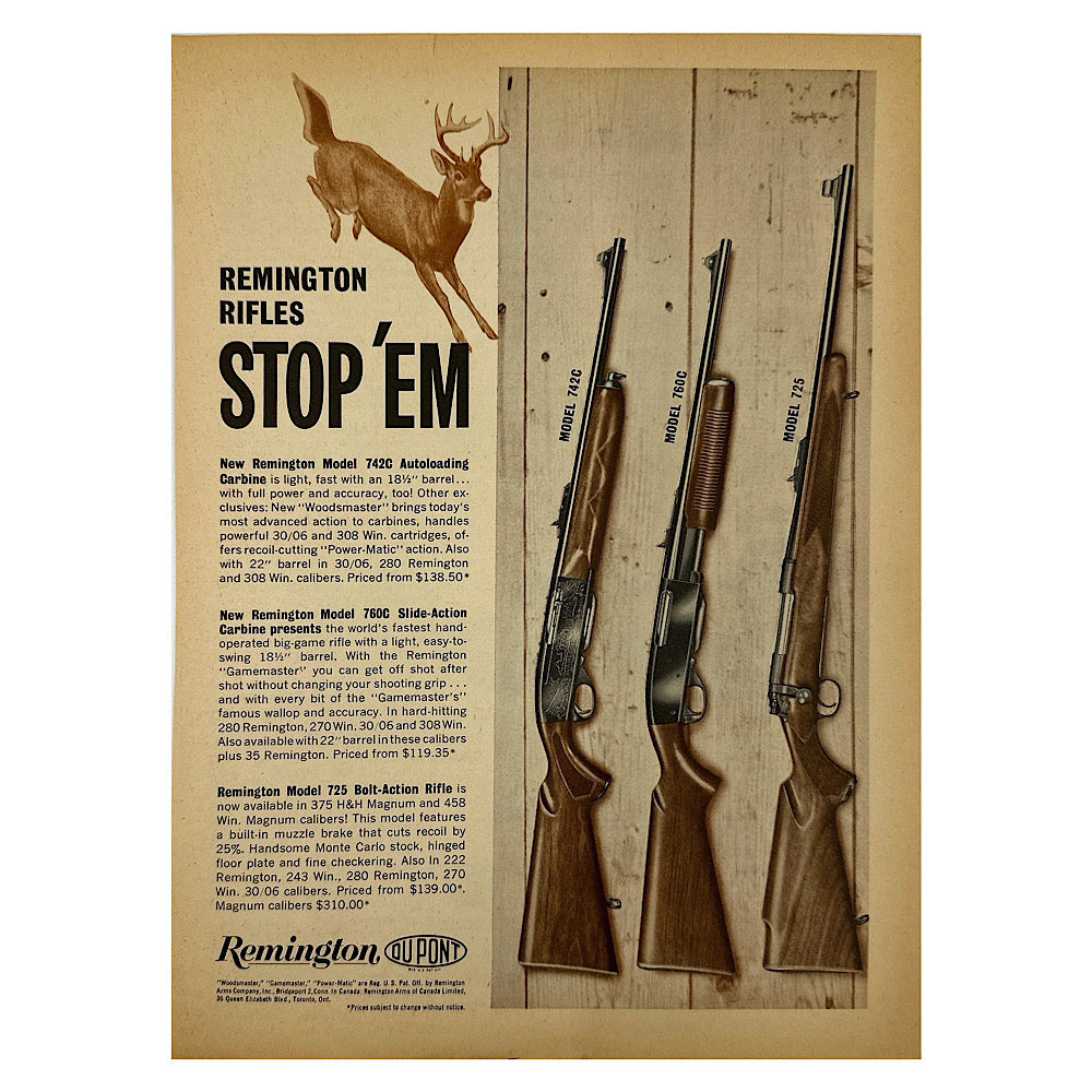 Original 1950s-1960s Print Advertisement for Remington Rifles Remington Nylon 66 - Canada Brass - 