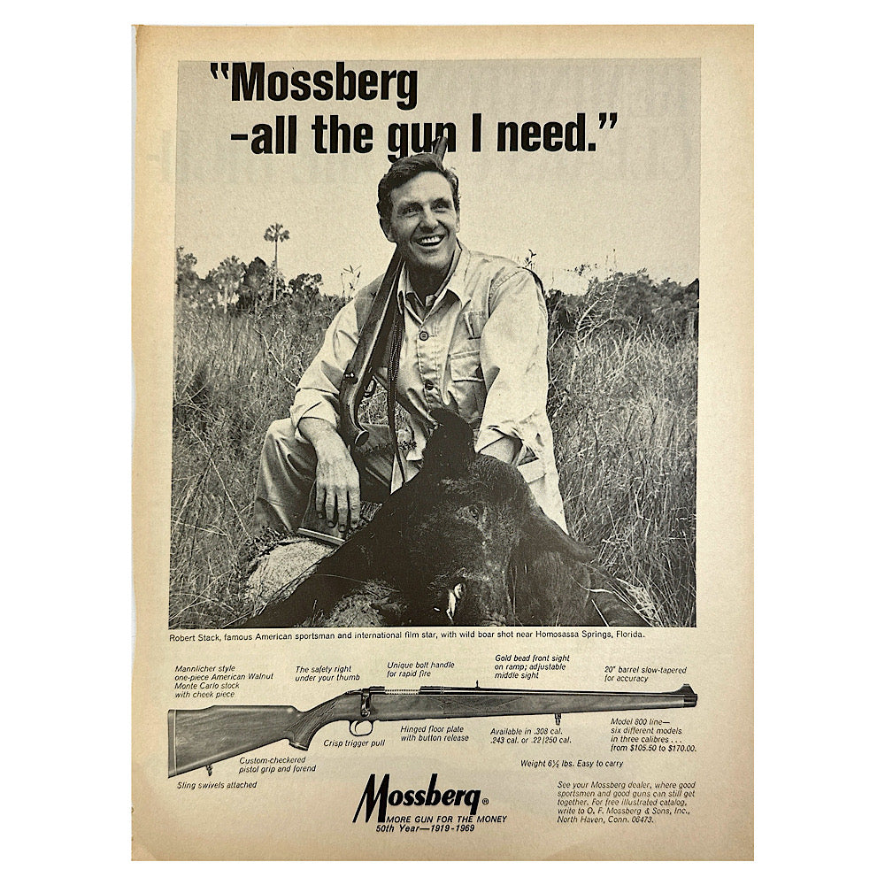 Original 1950s-1960s Print Advertisement for Mossberg Rifles with Robert Stack - Canada Brass - 