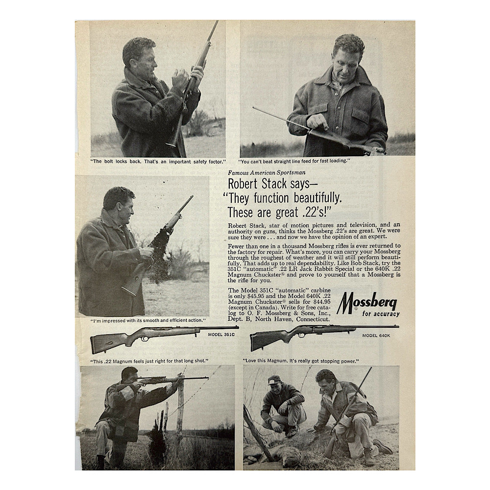 Original 1950s-1960s Print Advertisement for Mossberg shotgun and rifle with Robert Stack - Canada Brass - 