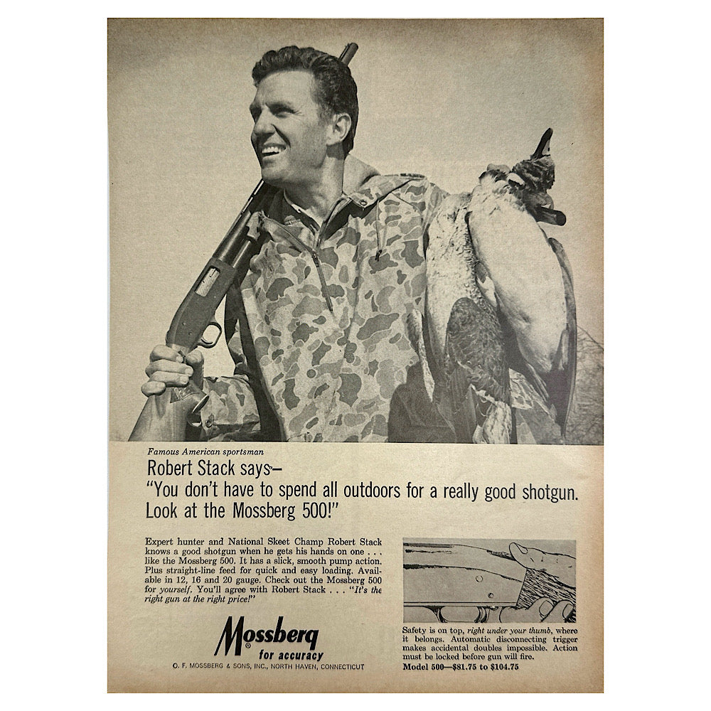 Original 1950s-1960s Print Advertisement for Mossberg shotgun and rifle with Robert Stack - Canada Brass - 
