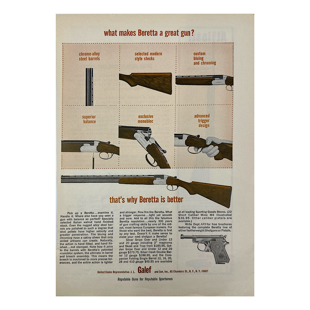 Original 1950s-1960s Print Advertisement for Beretta over and under shotguns - Canada Brass - 