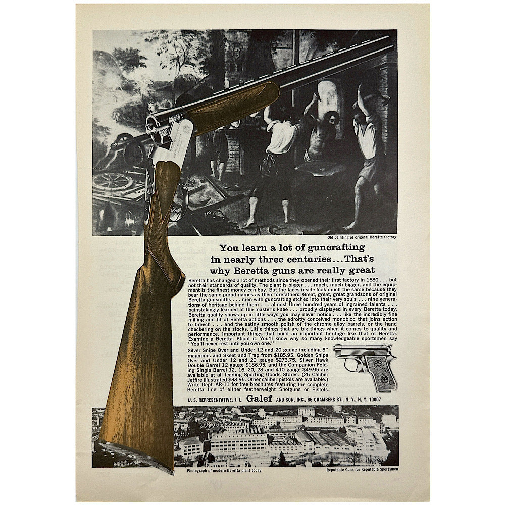 Original 1950s-1960s Print Advertisement for Beretta over and under shotguns - Canada Brass - 