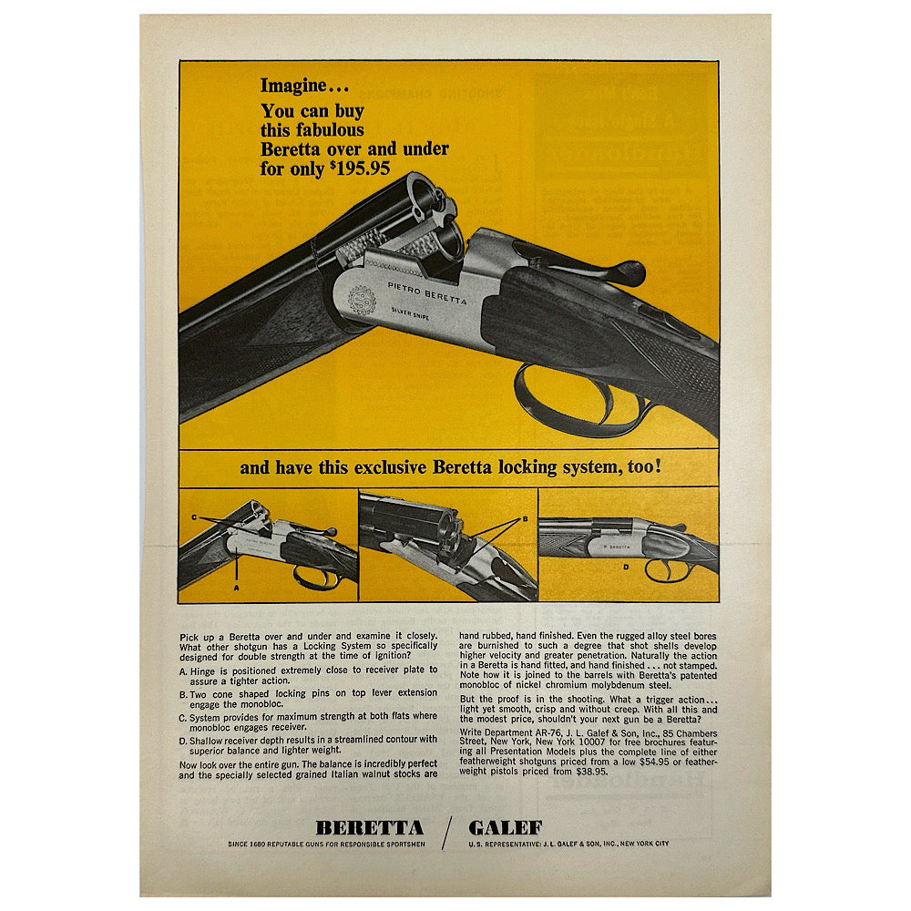 Original 1950s-1960s Print Advertisement for Beretta Over and under and automatic shotguns - Canada Brass - 