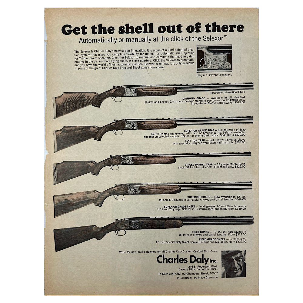 Original 1950s-1960s Print Advertisement for Charles Daly over and under and side by side shotguns - Canada Brass - 