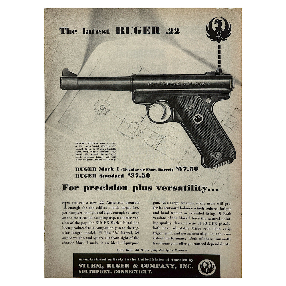 Original 1950s-1960s Print Advertisement for Ruger Semi auto 22 and single action 22 - Canada Brass - 