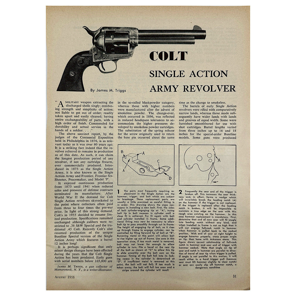 Original 1950s-1960s Print Advertisement for Colt Single action army assembly and disassembly with 1958 schematic - Canada Brass - 