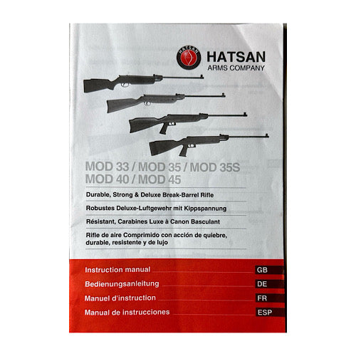 Hatsan Arms Mod 33, 35,35s, 40, 45  Pellet Rifle Owner&#39;s manual 5 languages