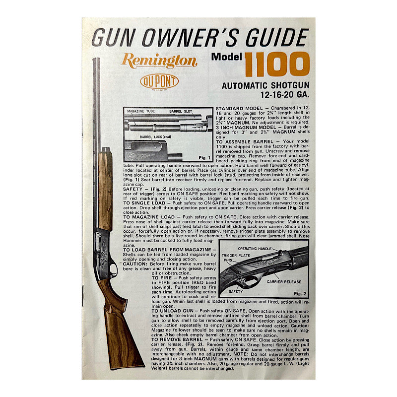 Remington Model 1100 Shotgun Owner's Manual and Schematic 1970s - Canada Brass - 