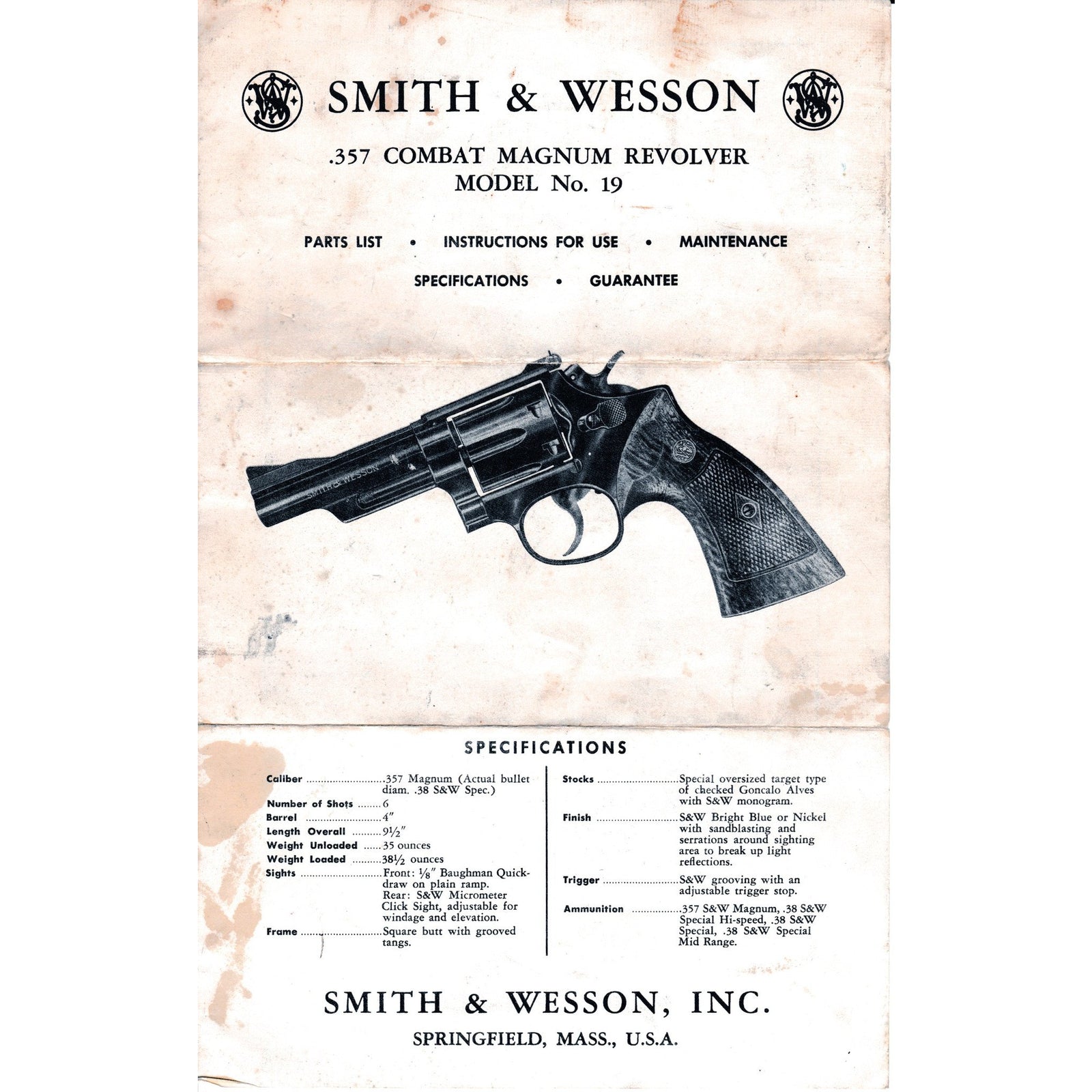Smith & Wesson Model No 19 Instruction Pamphlet