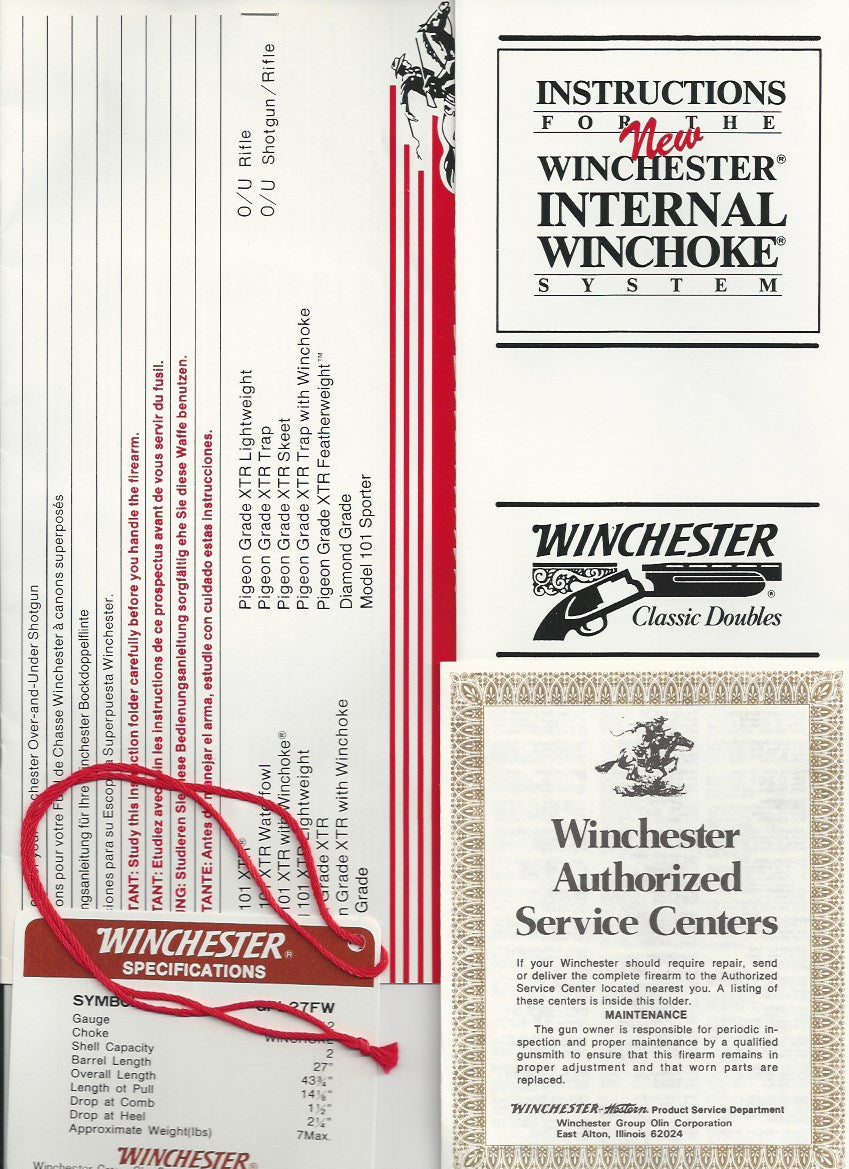 Winchester Model 101 Pigeon or XTR Choke Instructions and Hang Tag