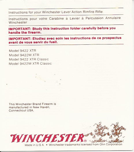 Winchester Model 94 XTR, 94 M XTR, 9422 XTR Classic, 9422 MXTR Classic Instructional Manual