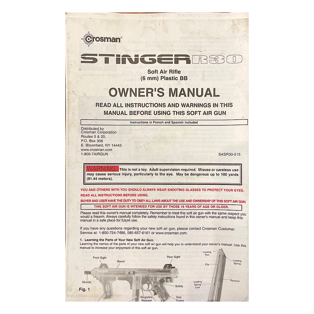Crosman Owner&#39;s Manual for Stinger R30 Soft Air Rifle (6mm) Plastic BB - Canada Brass - 