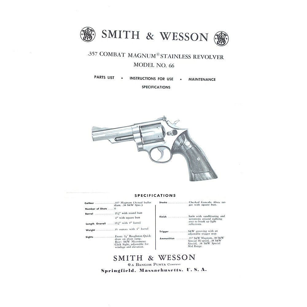 Smith &amp; Wesson Original Model 66 357 Combat Magnum Stainless Steel Revolver Owners Instructions &amp; Parts List 1977