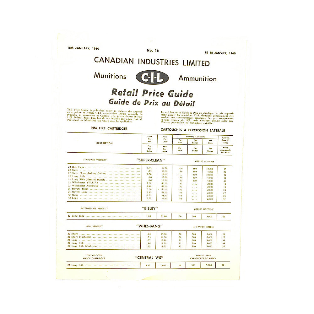 CIL Ammunition Price List 1960&#39;s CIL Reloading Spec&#39;s For CIL Hulls - Canada Brass - 