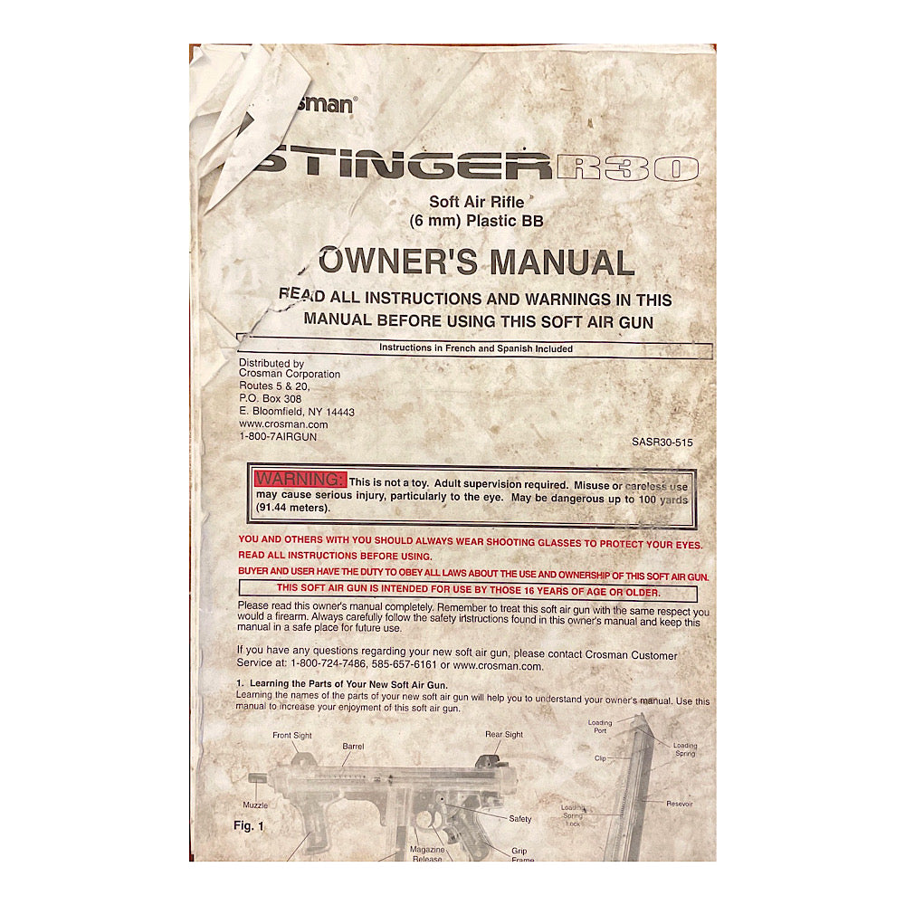 Crosman Owner's Manual for Stinger R30 Soft Air Rifle (6mm) Plastic BB - Canada Brass - 