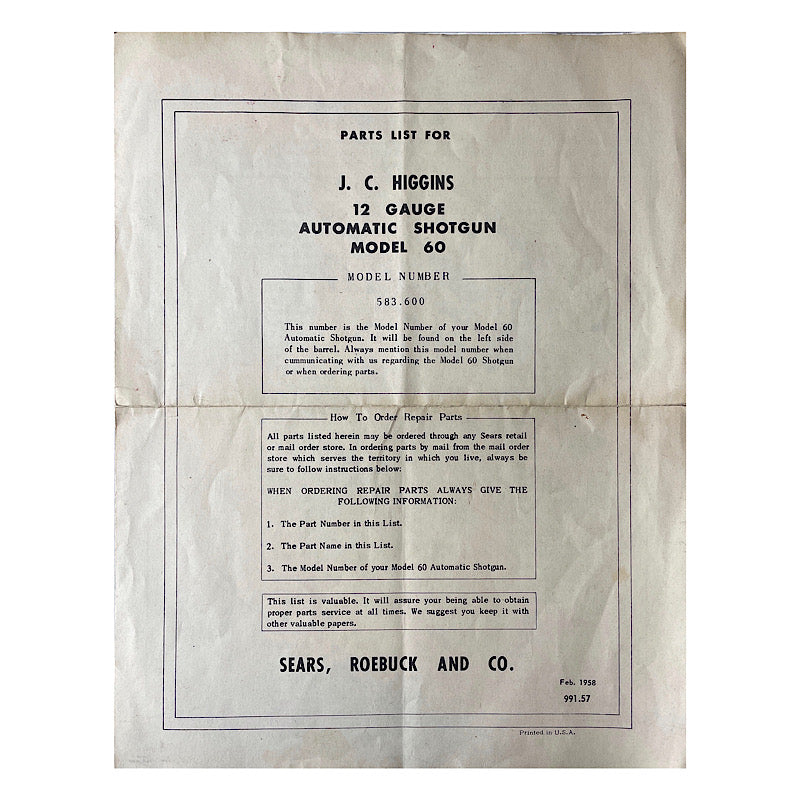 J.C. Higgins Mod 60 12ga Automatic shotgun Parts List &amp; schematic (fold in middle) - Canada Brass - 