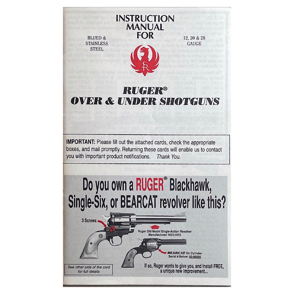 Ruger Instruction Manual for Over &amp; Under Shotguns 37 pgs - Canada Brass - 