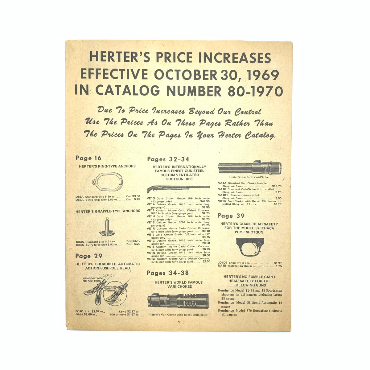 Herters Price Increase and Catalogue 1969 - 70 Installry Chokes, Gunstock Finishing, Belgium Checkering Tool, Belgium Blue - Canada Brass - 