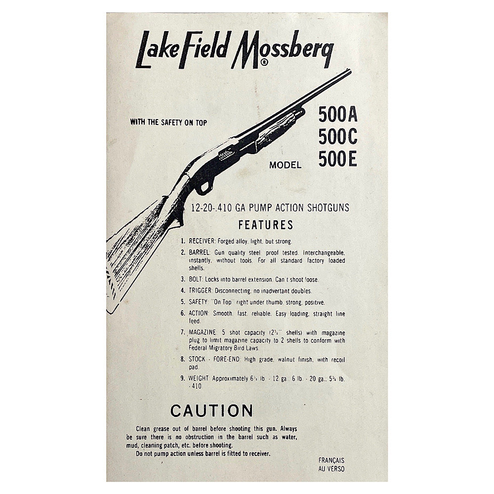 Lake Field Mossberg Owner's Manual for Mod. 500A, 500C, 500E Original