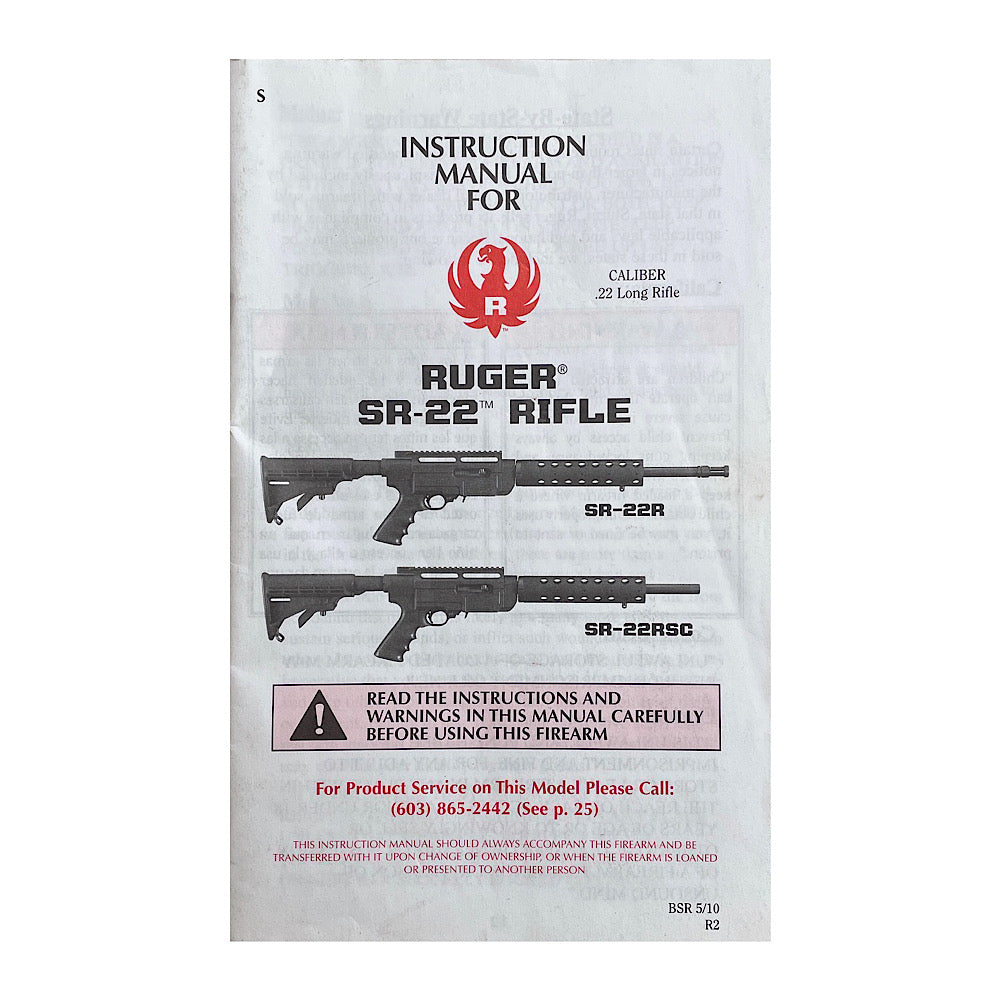 Ruger SR-22 Rifle Owner's Manual - Canada Brass - 