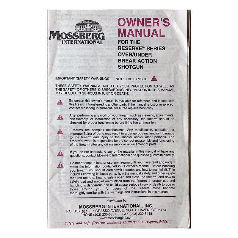Mossberg Internation Reserve O/U Shotgun Owner's Manual - Canada Brass - 