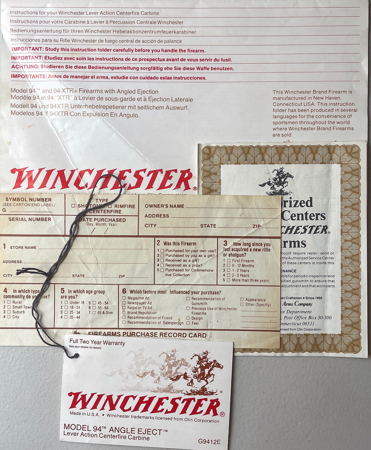 Winchester Mod 94 with Side Ejection owner&#39;s Manual 19990&#39;s (small crease) &amp; Hang Tags - Canada Brass - 