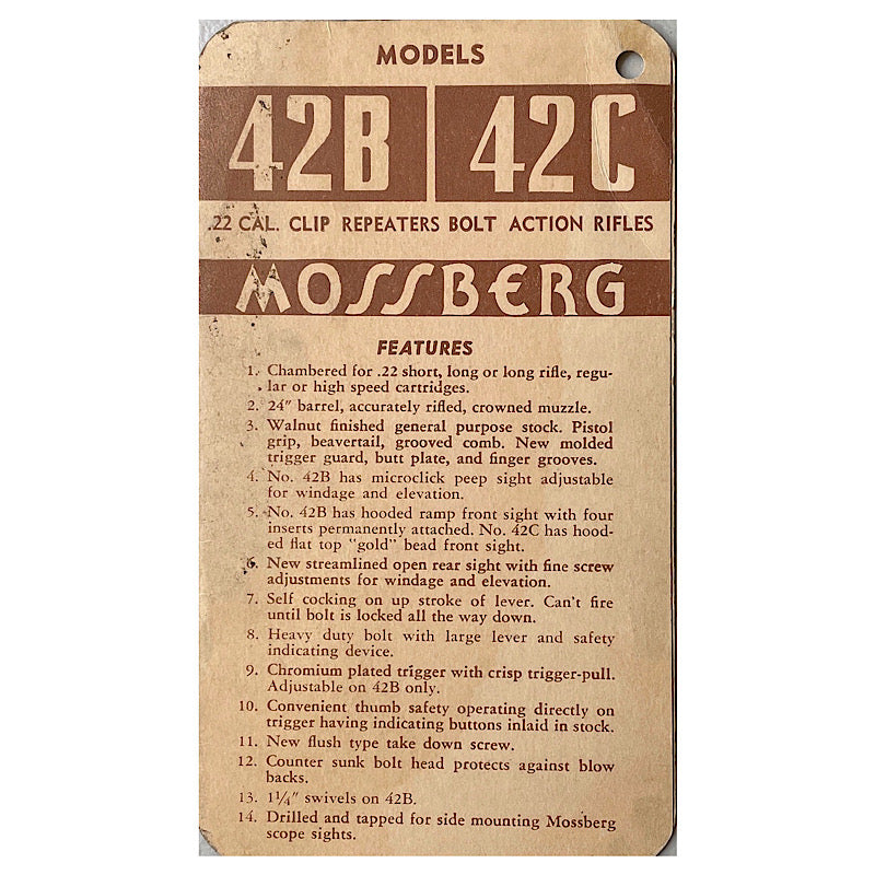 Mossberg Mod 42 B and 42 C Hang tag owner's manual Original - Canada Brass - 
