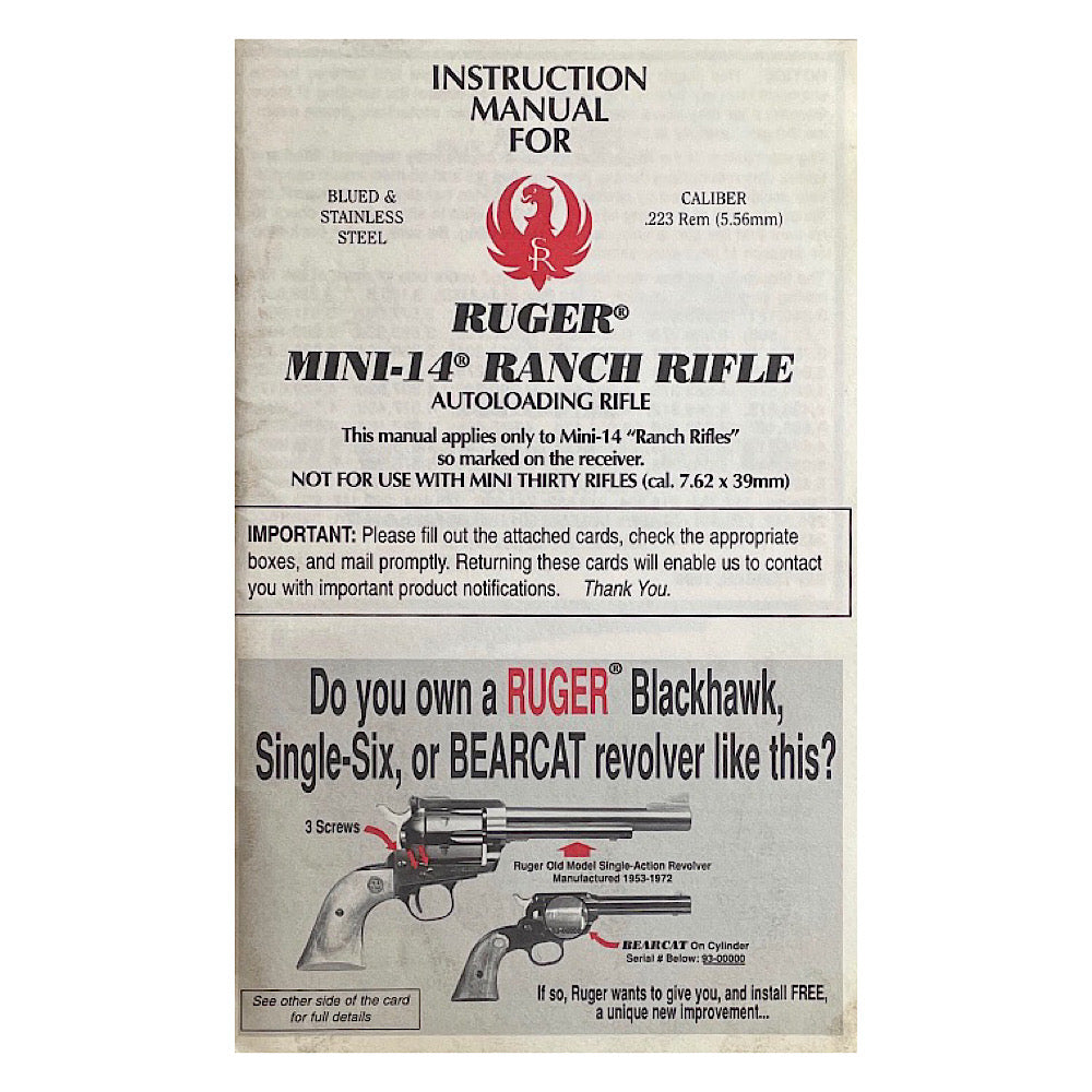Ruger Owner's Manual for Mini-14 Ranch Rifle Autoloading Rifle 42 pgs - Canada Brass - 