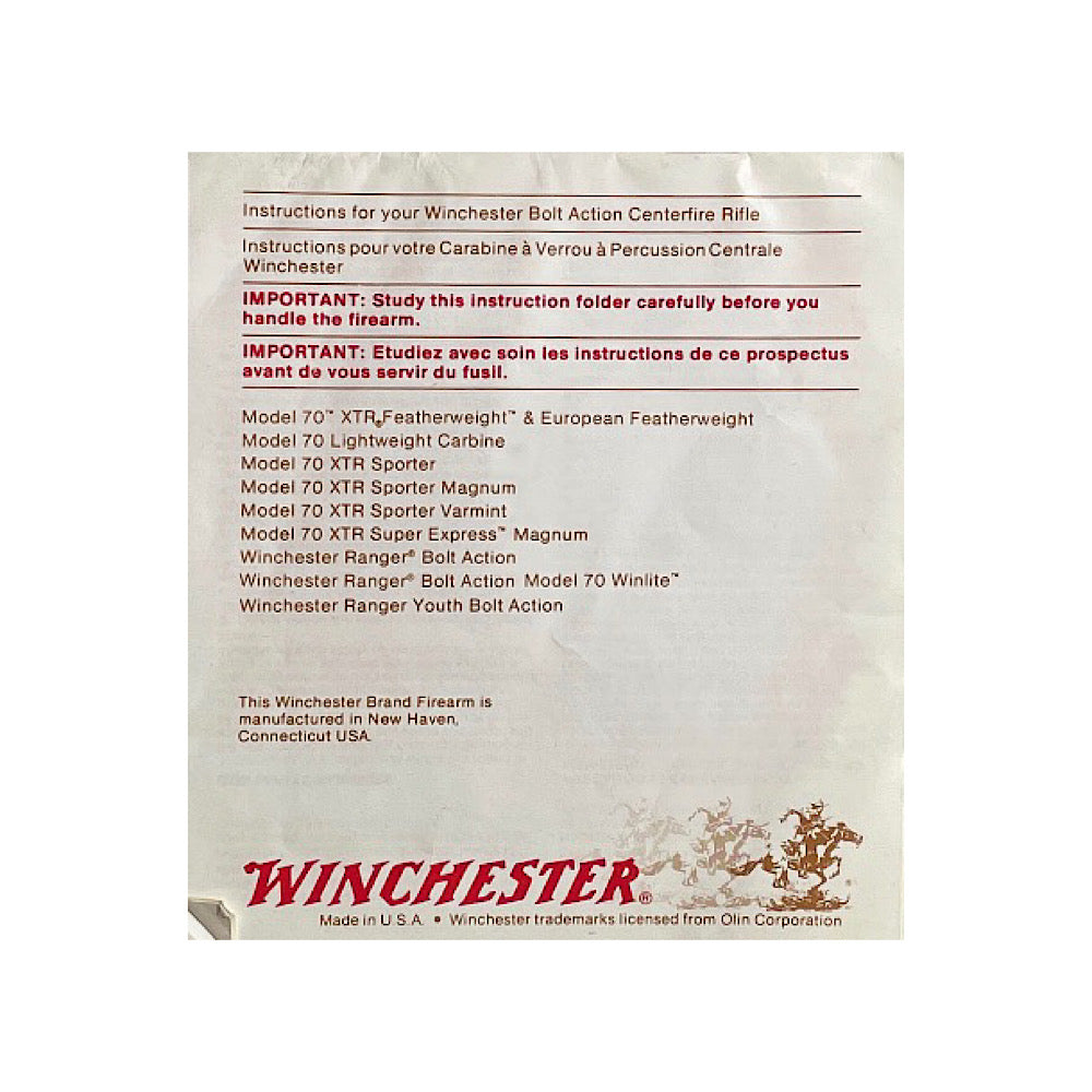 Winchester Instruction Manual for Bolt Action Centerfire Rifle 2 languages - Canada Brass - 