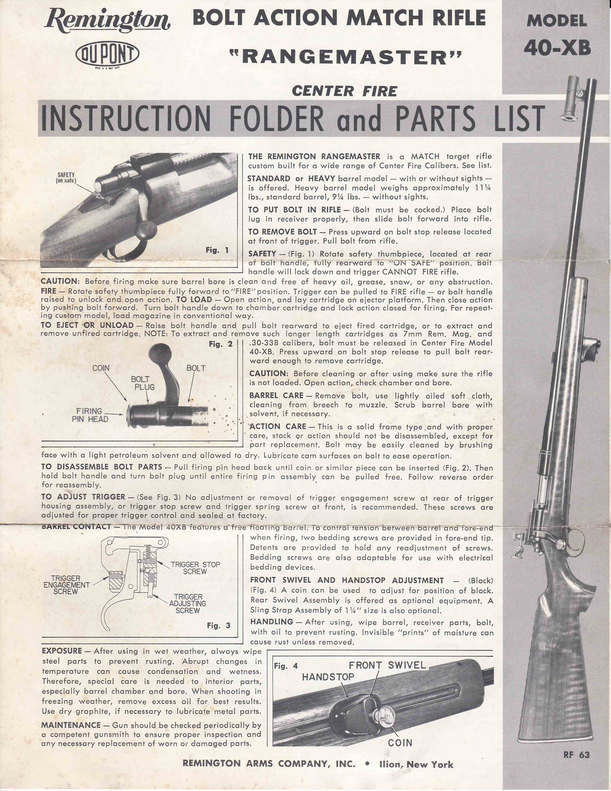 Remington 1971 Model 40-XB Instructionn &amp; Parts Maunel