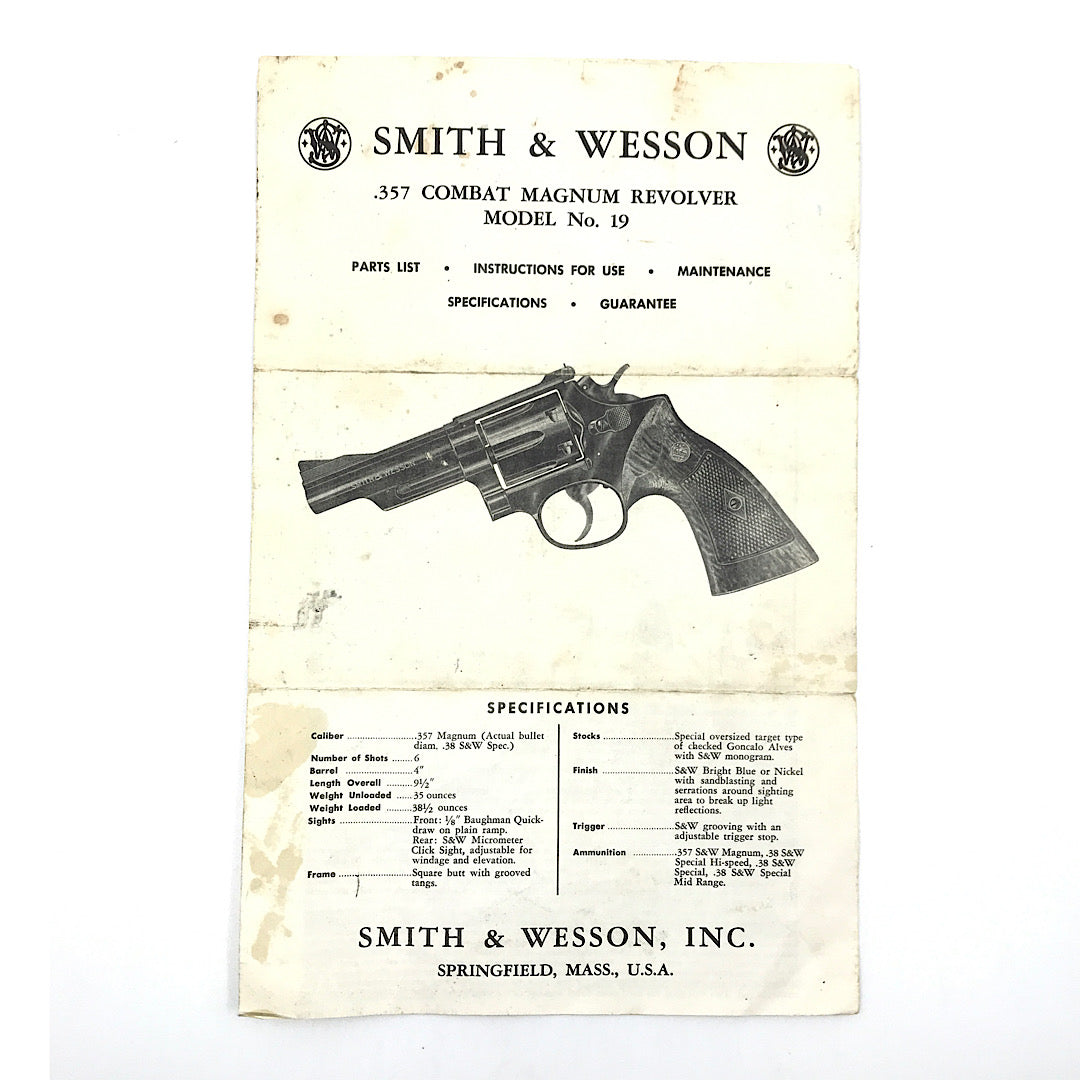 Smith & Wesson Mod 19 357 Combat Magnum Revolver Owner's manual 1960