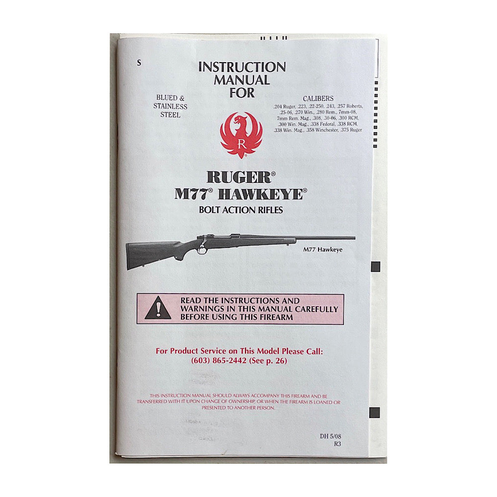 Ruger Instruction Manual for M77 Hawkeye Bolt Action Rifles 38 pgs - Canada Brass - 