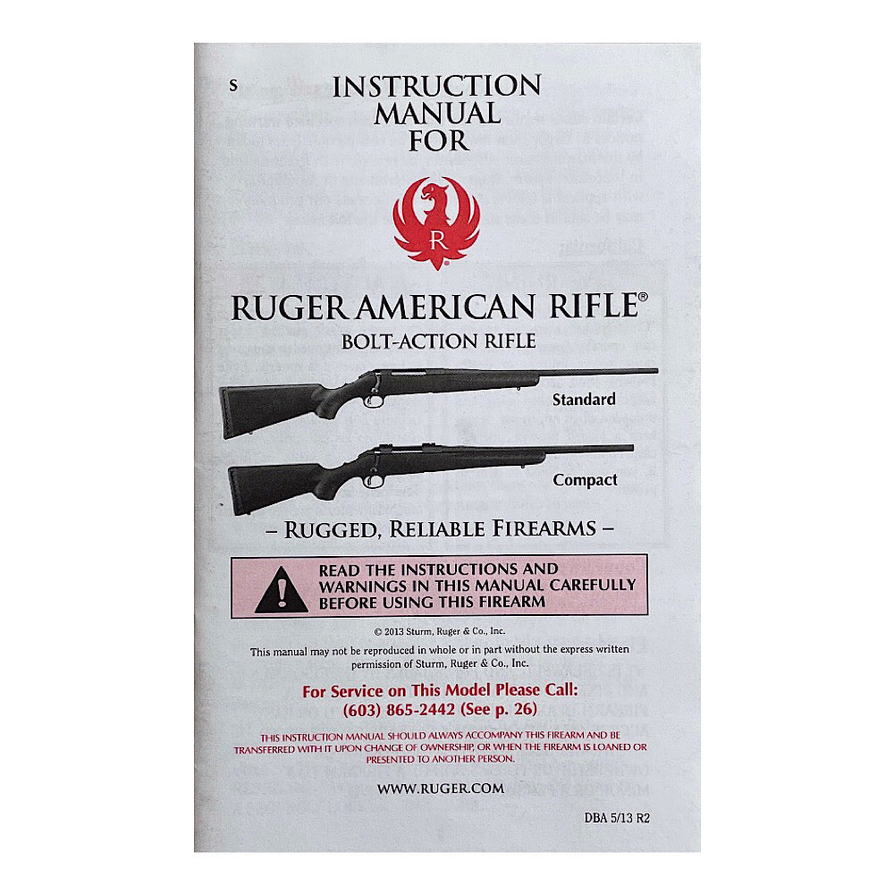 Ruger Instruction Manual for Ruger American Rifle Bolt-Action Rifle Standard, Compact 39 pgs - Canada Brass - 