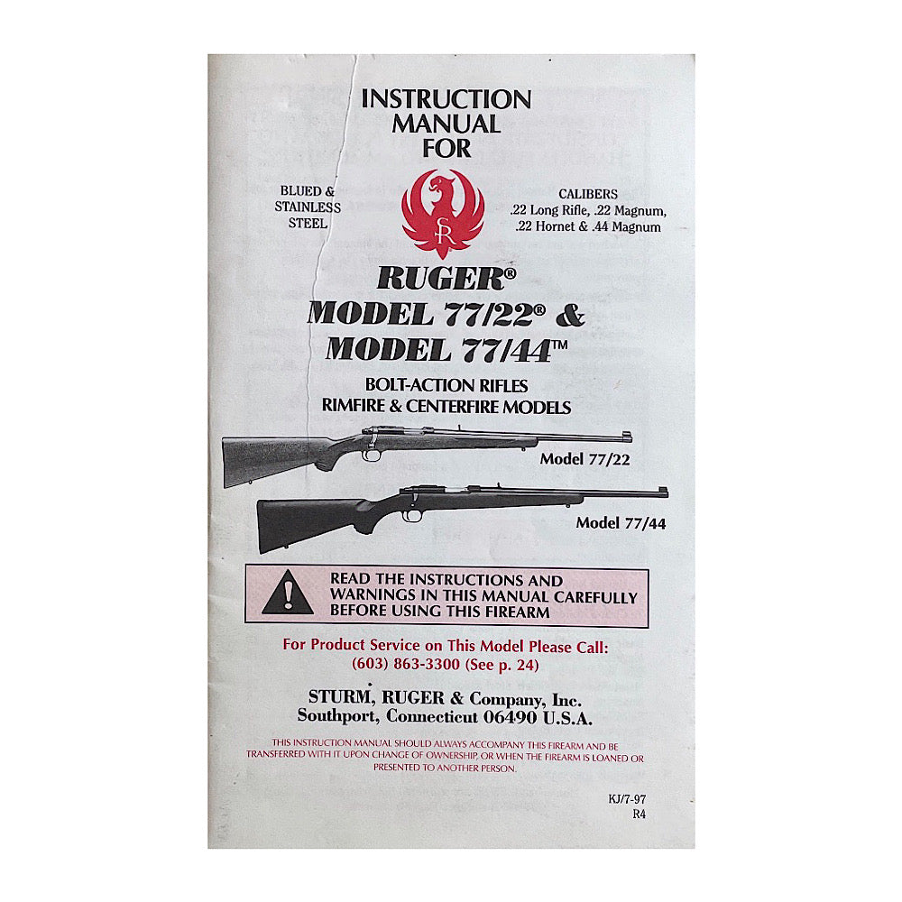 Ruger Owner's manual for Model 77/22, Model 77/44 Bolt-Action Rifles Rimfire & Centerfire models 43 pgs - Canada Brass - 