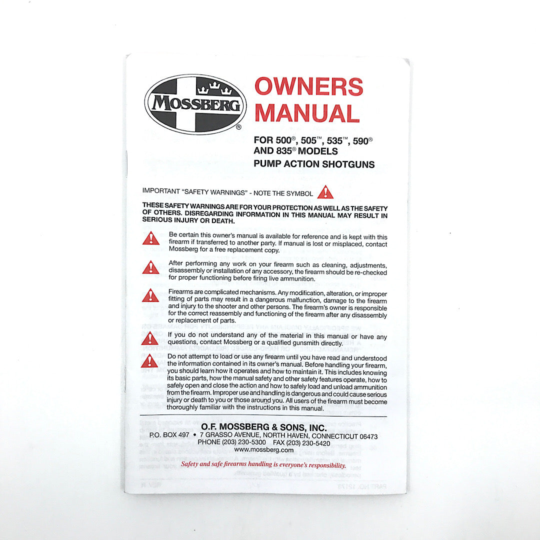 Mossberg owner's manual for mod 500, 505, 590, 835 pump action shotgun - Canada Brass - 