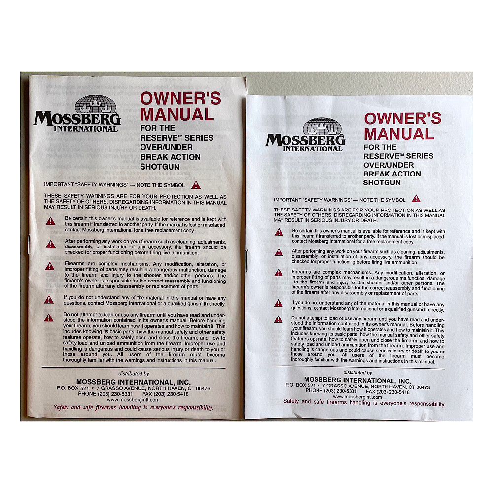 Mossberg Owner's Manual for Reserve Series Over/Under Break Action Shotgun 17pgs - Canada Brass - 