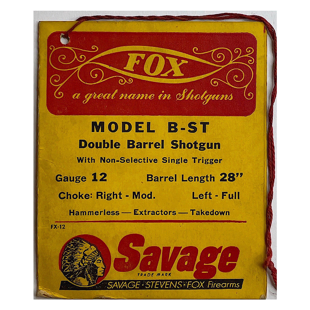 Rare Original Savage Fox Hang tag Manual for Model B-ST - Canada Brass - 