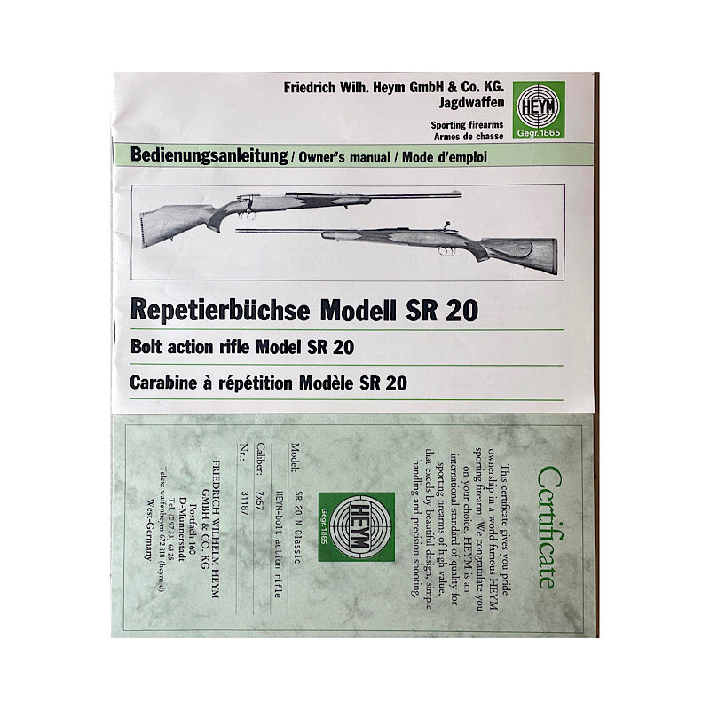 Haym SR 20 N Classic Bolt Action Rifle Original Manual etc. - Canada Brass - 