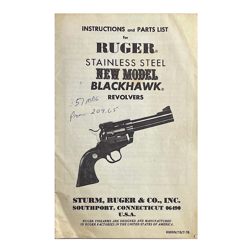 Ruger Instructions and Parts List for Stainless Steel New Model Blackhawk Revolvers (some pen marks on front) 12pgs - Canada Brass - 